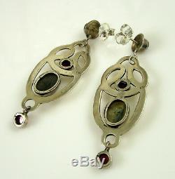 Estate Vintage Long Ornate Sterling Labradorite Garnet Pierced Dangle Earrings