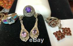Estate Vintage Lot Of 5 Sterling Silver Gemstone Jewelry Rings Earrings Garnet