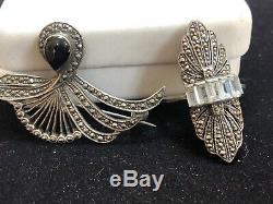 Estate Vintage Sterling Silver Art Deco Ring Signed Nd Pin Earrings Black Onyx