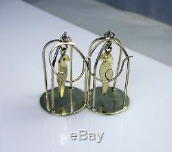 Estate Vintage Sterling Silver Bird In Cage Long Dangle Drop Pierced Earrings