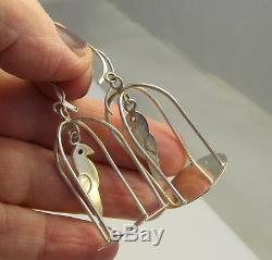 Estate Vintage Sterling Silver Bird In Cage Long Dangle Drop Pierced Earrings