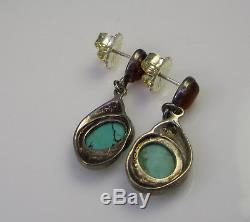 Estate Vintage Sterling Silver Blue Turquoise Amber Pierced Dangle Drop Earrings