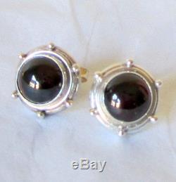 Estate Vintage Sterling Silver Deep Sherry Red Cabochon Garnet Pierced Earrings
