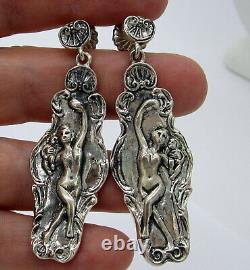 Estate Vintage Sterling Silver Elegant Goddess Baby Long Dangle Pierced Earrings