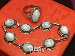 Estate Vintage Sterling Silver Larimar Bracelet & Ring & Earrings Set