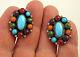 Estate Vintage Sterling Silver Sugilite Turquoise Coral Inlaid Pierced Earrings