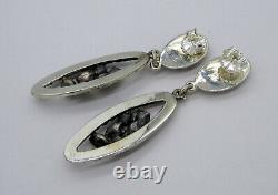 Estate Vintage Sterling Silver Turquoise Brutalist Long Dangle Pierced Earrings