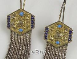 Estate Vintage Unique Sterling Silver Blue Enamel Long Fringe Pierced Earrings