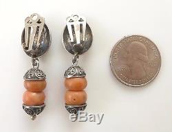Etruscan Vintage Salmon Coral Dangle Drop Clip On Earrings 925 Sterling Silver