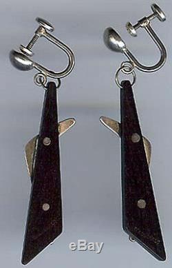 Everett Macdonald Vintage Wood & Sterling Silver Modernist Dangle Earrings