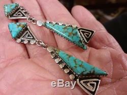 Ex Rare Hopi Vtg Stenich Spiderweb Turquoise Sterling Silver Overlay Earrings