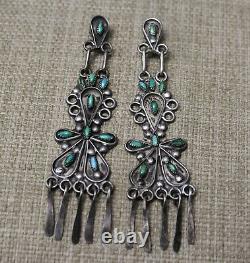 Extra Long Vintage Native American Zuni Sterling Silver Turquoise Earrings