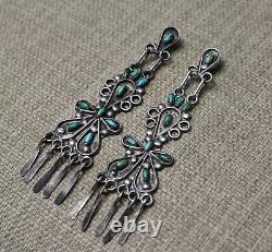 Extra Long Vintage Native American Zuni Sterling Silver Turquoise Earrings