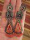 Frida Kahlo Style Taxco 3.75 Filigree Sterling Silver Coral Dangle Earrings