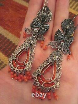 FRIDA KAHLO STYLE TAXCO 3.75 FILIGREE Sterling Silver CORAL Dangle Earrings