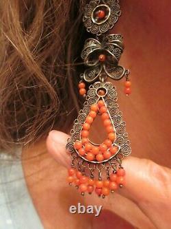 FRIDA KAHLO STYLE TAXCO 3.75 FILIGREE Sterling Silver CORAL Dangle Earrings