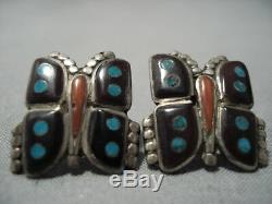 Fabulous Vintage Zuni Navajo Turquoise Coral Sterling Silver Butterfly Earrings