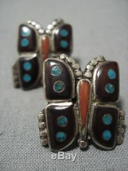 Fabulous Vintage Zuni Navajo Turquoise Coral Sterling Silver Butterfly Earrings