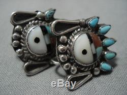 Fascinating Vintage Zuni Sterling Silver Sunface Turquoise Coral Earrings