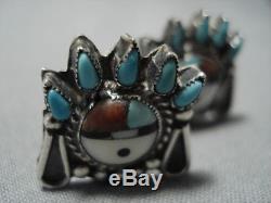 Fascinating Vintage Zuni Sterling Silver Sunface Turquoise Coral Earrings