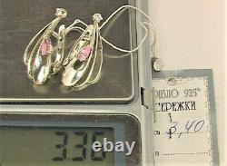Fine Vintage Russian Etched Earrings Sterling Silver 925 Zircon Women's Jewelry