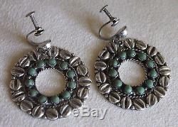 Fine Vintage Signed EPM 925 STERLING Green Turquoise Silver Hoop Earrings Mexico