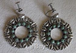 Fine Vintage Signed EPM 925 STERLING Green Turquoise Silver Hoop Earrings Mexico