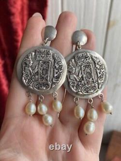 Fine Vintage Sterling Silver 800 Woman's Jewelry Earrings Mother of Pearl 27g