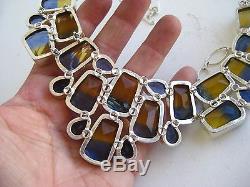 Fine Vintage Sterling Silver Jeweled Glass Designer Runway Bib Necklace