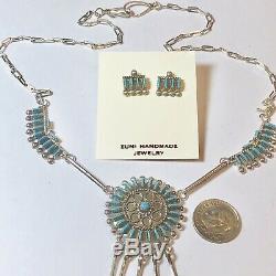 Fine Zuni Needlepoint Turquoise Necklace Earring Philander Gia Set Sterling VTG
