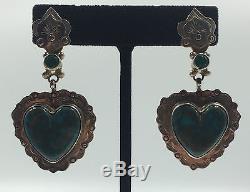 GOREGOUS Vintage Sterling Silver 925 Heart Shaped Turquoise & Emerald Earrings