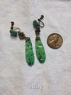 GORGEOUS Vintage CHINESE Sterling Silver Carved JADE EARRINGS Beautiful