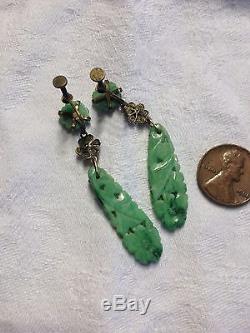 GORGEOUS Vintage CHINESE Sterling Silver Carved JADE EARRINGS Beautiful
