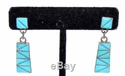 GORGEOUS Vtg ZUNI Modernist ART DECO Sterling Silver TURQUOISE Inlay Earrings