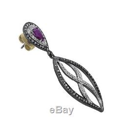 Gemstone Ruby Sterling Silver Pave Diamond Dangle Earrings Vintage Style Jewelry