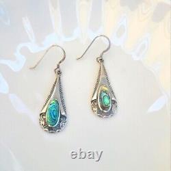 Gorgeous Vintage 925 Sterling Silver Abalone Tear Drop Dangle Earrings