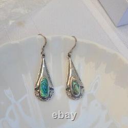 Gorgeous Vintage 925 Sterling Silver Abalone Tear Drop Dangle Earrings