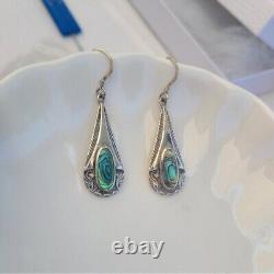 Gorgeous Vintage 925 Sterling Silver Abalone Tear Drop Dangle Earrings