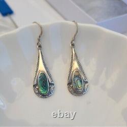 Gorgeous Vintage 925 Sterling Silver Abalone Tear Drop Dangle Earrings