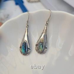 Gorgeous Vintage 925 Sterling Silver Abalone Tear Drop Dangle Earrings