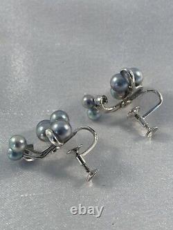 Gorgeous Vintage Grey Pearl Cluster and Sterling Silver Screw Back Earrings