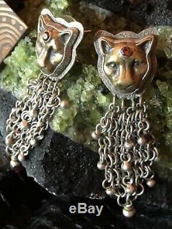Gorgeous Vintage Sterling Mesh Earrings By Tabra With Bronze Jaguars And Garnets