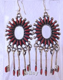 Gorgeous Vintage ZUNI Sterling Silver & Red Coral Needlepoint Dangle EARRINGS