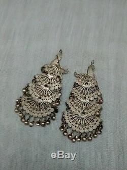 Gorgeous vtg. Sterling silver 925 filigree articulated tiers peacock earrings