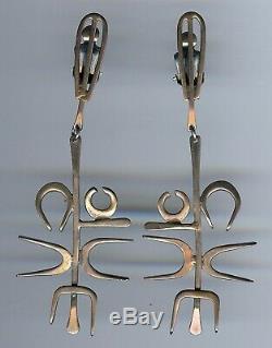 Great Huge Modernist Vintage Sterling Silver Long Dangle Clip Earrings