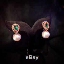 Green Emerald White Topaz South Sea Pearl 925 Sterling Silver Earrings Vintage