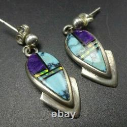 HOSKIE Vintage NAVAJO Sterling Silver INLAY EARRINGS Turquoise Opal Sugilite