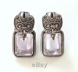 Heavy Vintage Faceted Large Stones Amethyst Sterling Silver Earrings 925 Silver
