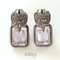 Heavy Vintage Faceted Large Stones Amethyst Sterling Silver Earrings 925 Silver