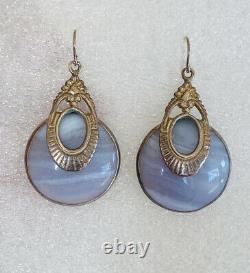 Heavy Vintage Signed Lar. In Sterling Silver Blue Lace Agate Dangle Earrings